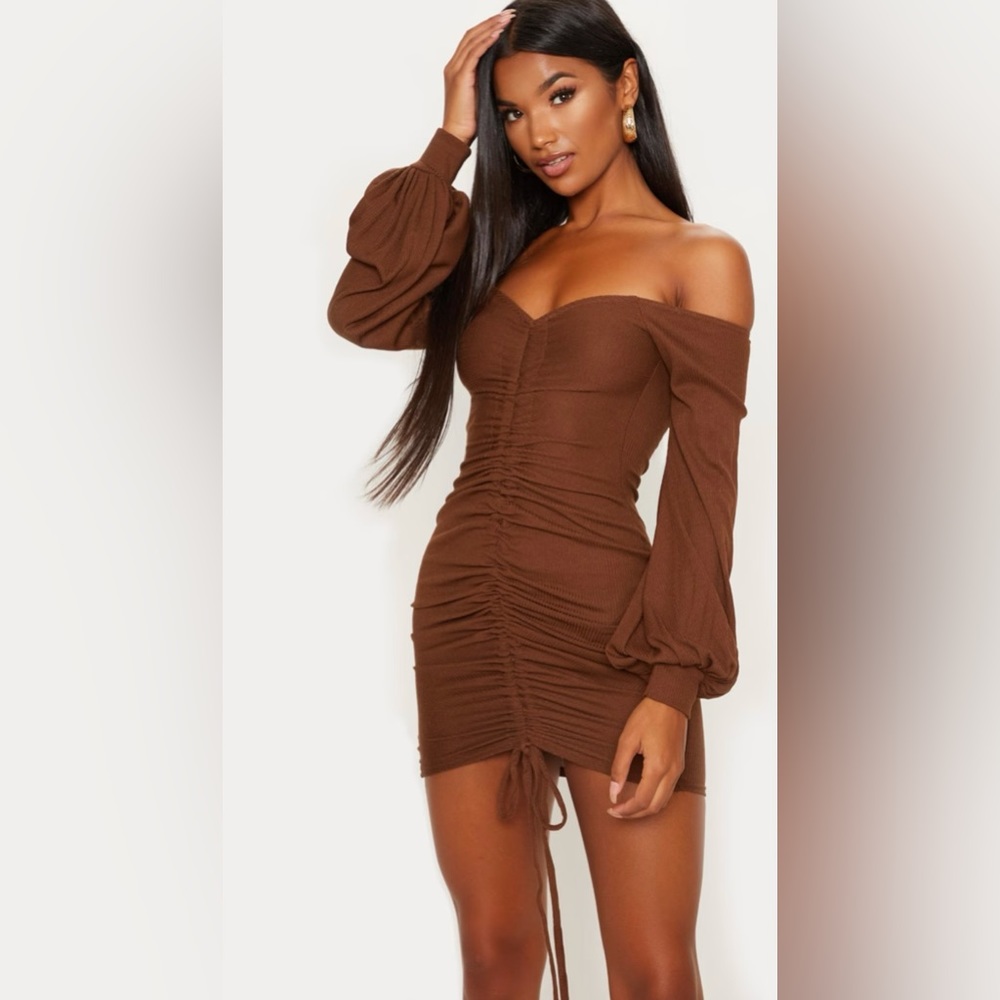 Chocolate Brown Ribbed Bardot Balloon Sleeve Ruched Bodycon Dress